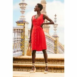 Sosandar Red Belted Linen Dress -Sosandar unnamed file 898