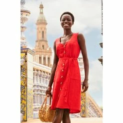 Sosandar Red Belted Linen Dress -Sosandar unnamed file 899