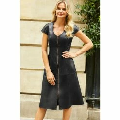 Sosandar Black Zip Front A Line Leather Dress