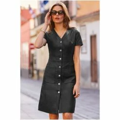 Sosandar Black Rose Gold Button Front Leather Dress -Sosandar unnamed file 917