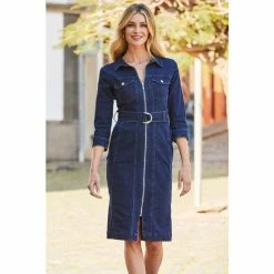 Sosandar Blue Zip Front Belted Denim Dress