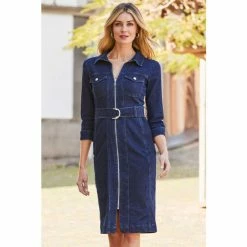 Sosandar Blue Zip Front Belted Denim Dress -Sosandar unnamed file 951